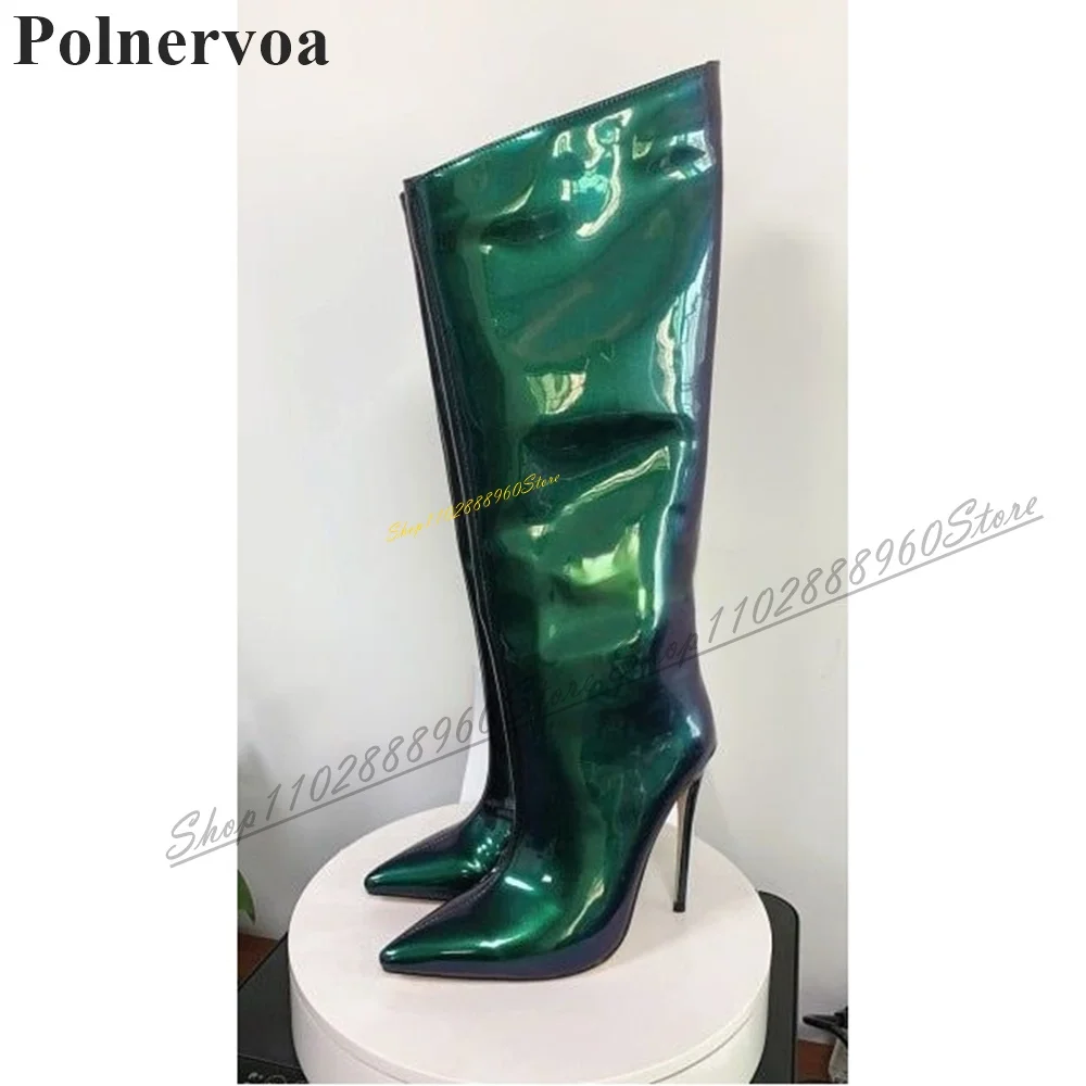 Knee High Luxury Beveled Gold Mirror Boots Thin High Heel Women Shoes Side Zipper Pointed Toe 2024 Fashion Zapatos Para Mujere