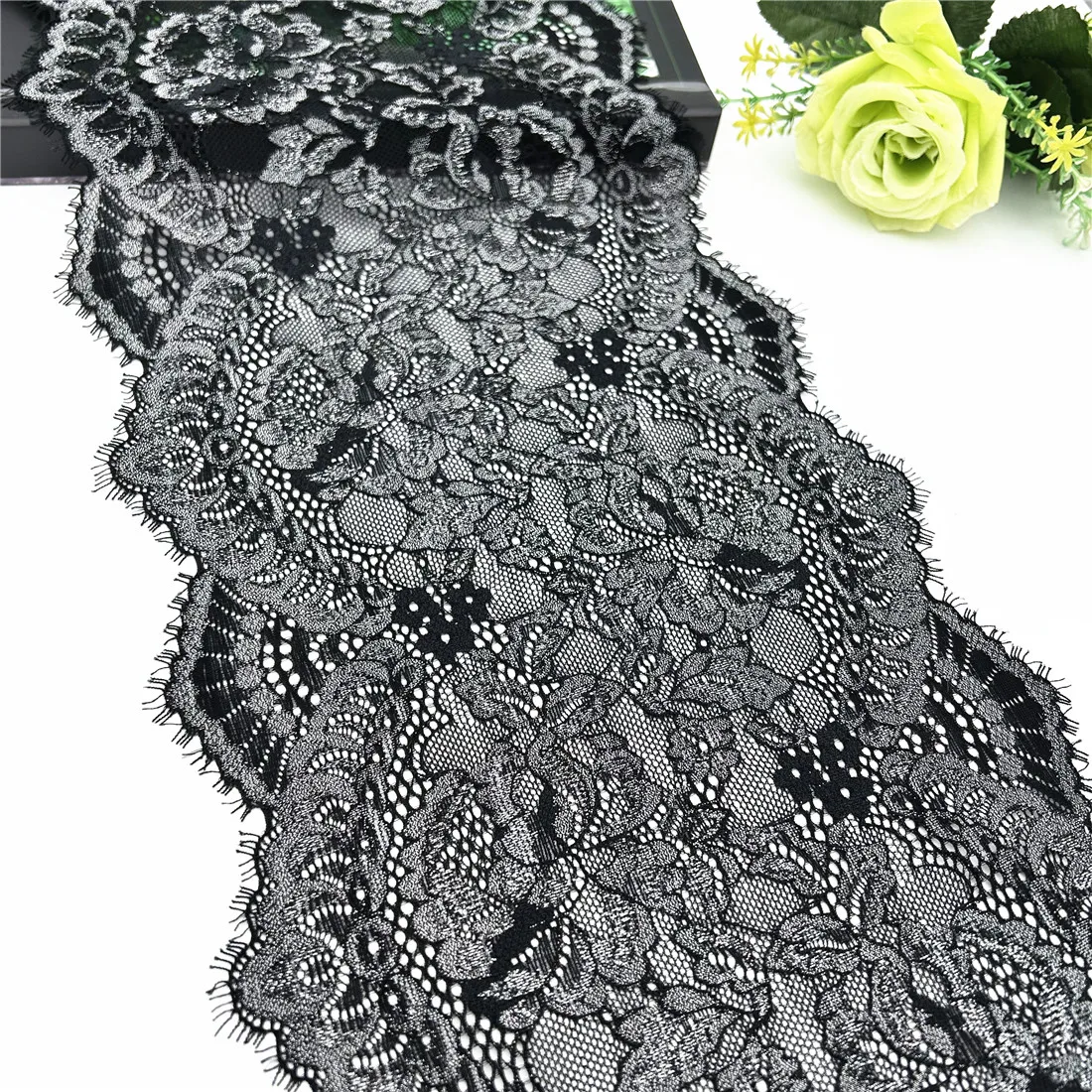 3y/lot Width 22.50cm Black Silver Elastic Eyelash Lace Trim For Skirt Hem Underwear Sewing Craft Wedding Apparel Fabrics Lace