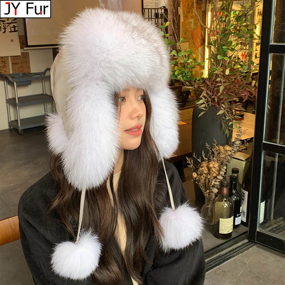 Natural Fox Fur Bomber Hats Winter Warm Women Flurfy Genuine Fox Fur Earfiap Caps Luxury Quality Russian Lady Real Fox Fur Hat