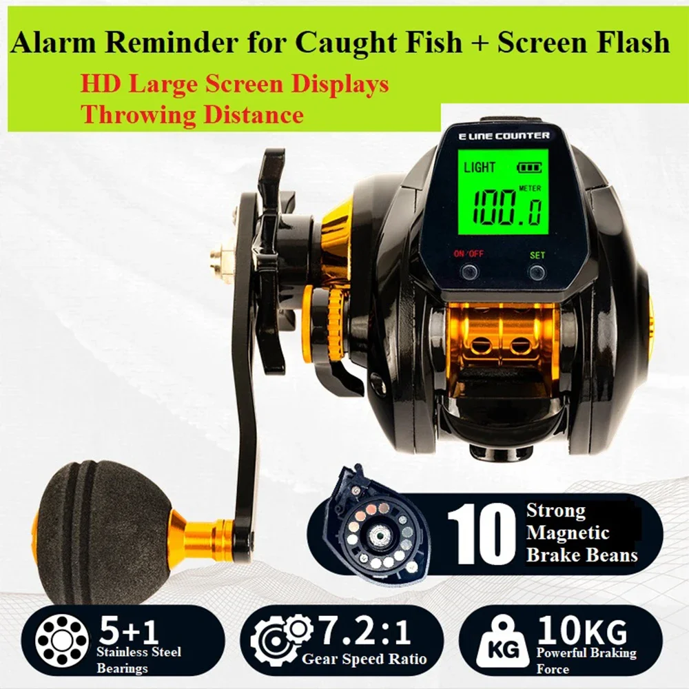 7.2:1 Large Display Digital Baitcast Reel with Accurate Line Counter Bite Alarm Counting Fishing Reels 10kg Strong Braking Force