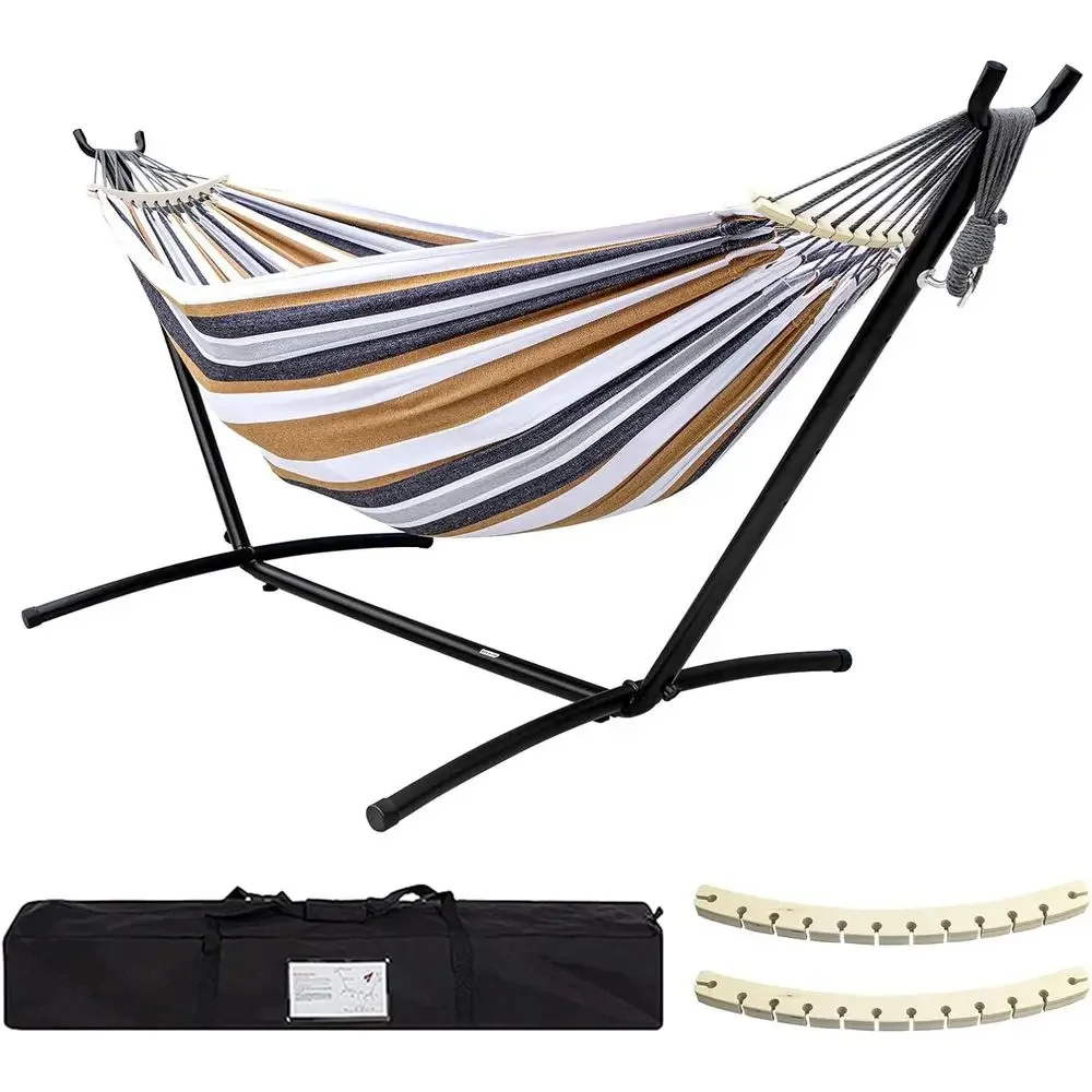 Portable Double Hammock Set with Steel Stand, Carry Bag, and Anti-Roll Beams for Outdoor and Backyard Use in Brown Stripes, Supp