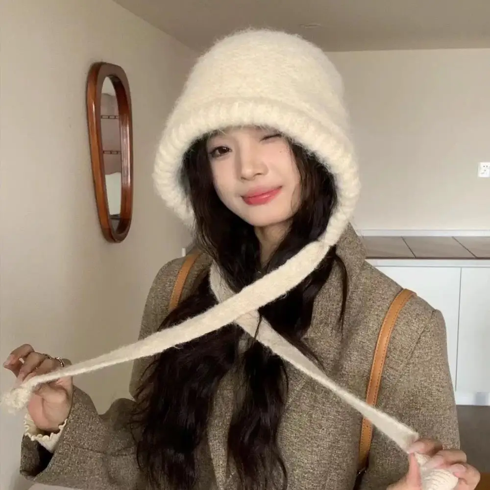 هيبورن المرأة محبوك قبعة مع التعادل الخريف الشتاء لينة الصلبة الدافئة سميكة بالاكلافا قبعات الحلو في الهواء الطلق التزلج عادية Coldproof بيني