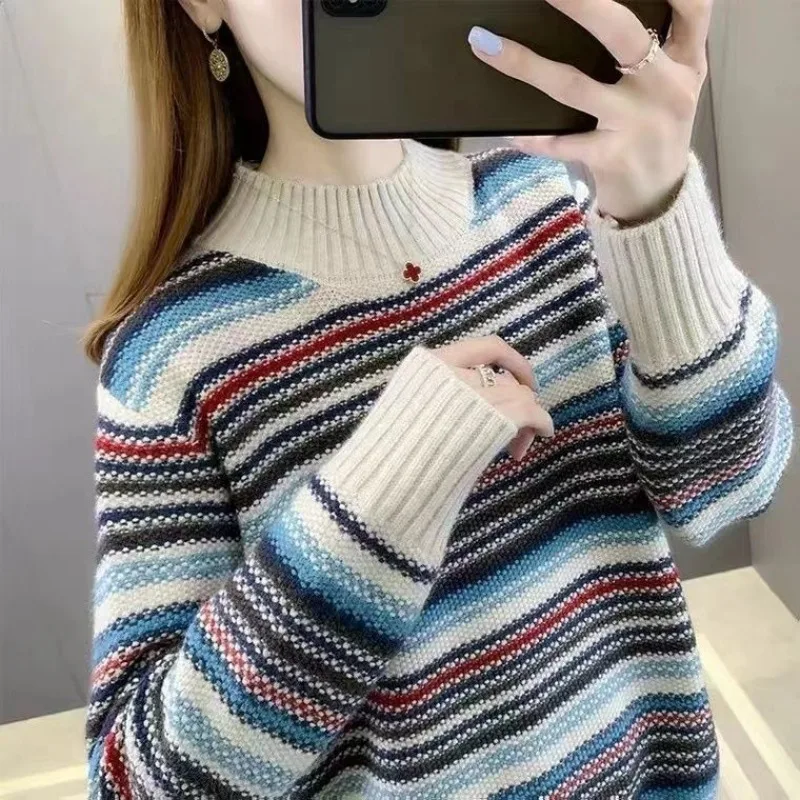 Autumn and Winter Women's Stripe Contrast Color Half High Korean Long Sleeve Loose Sweaters Jumpers Cotton Fashion Casual Tops