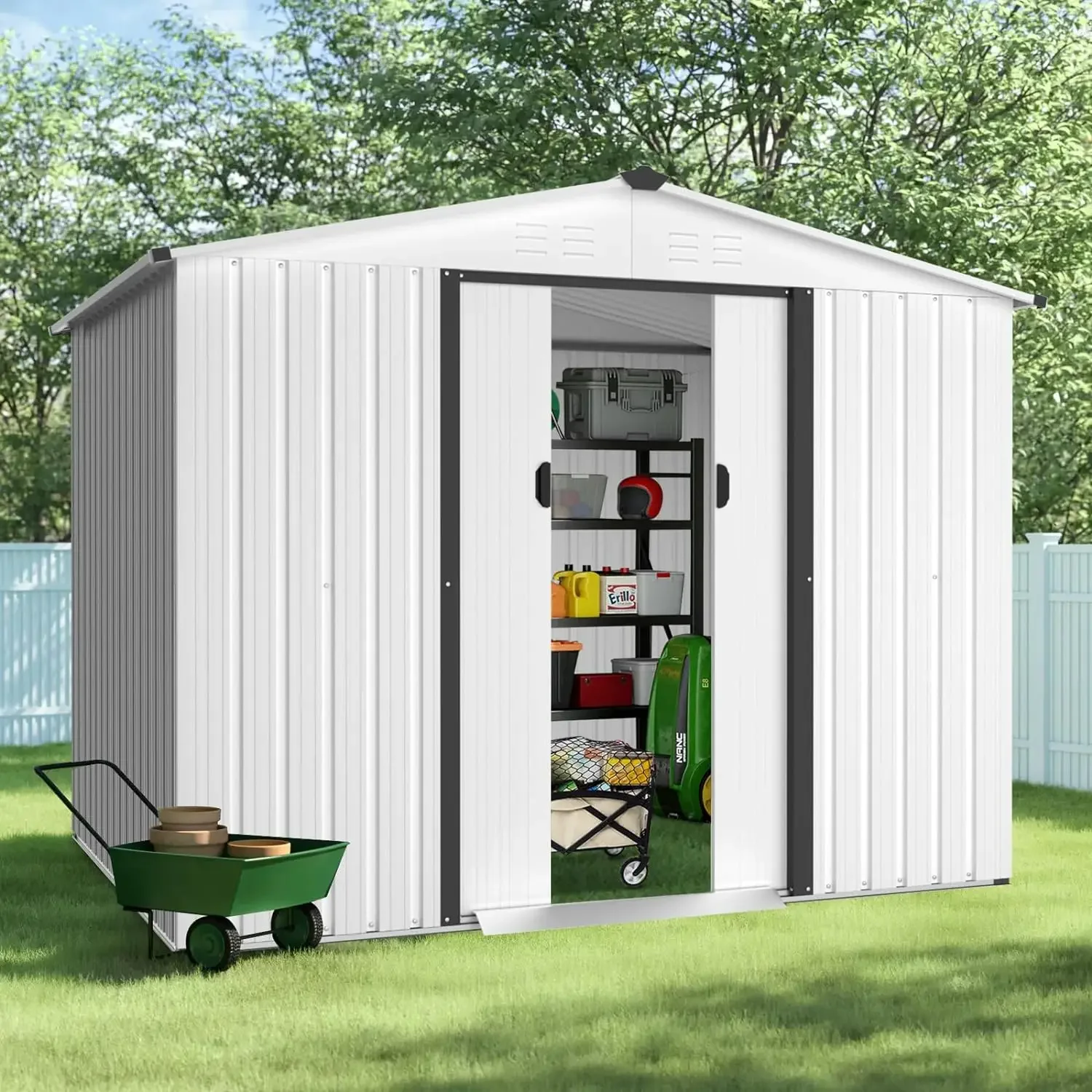 

6X8 Feet Outdoor Storage Shed, Vented Backyard Garden Shed, Tool House with Sliding Door Outdoor Lawn Steel Roof Sheds (White)