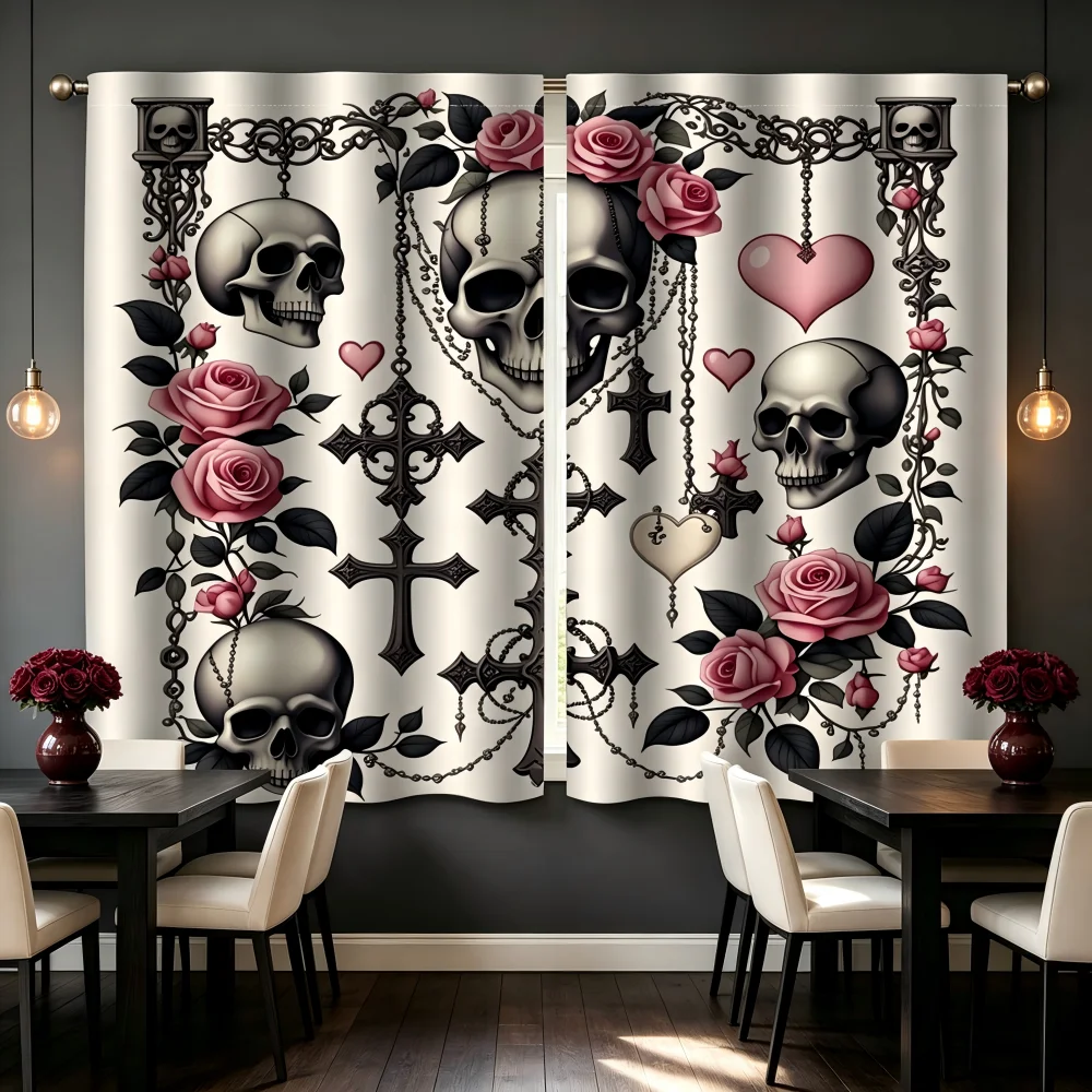 2PCS Digital Print Curtains, Skull Rose Cross, Gothic Punk
