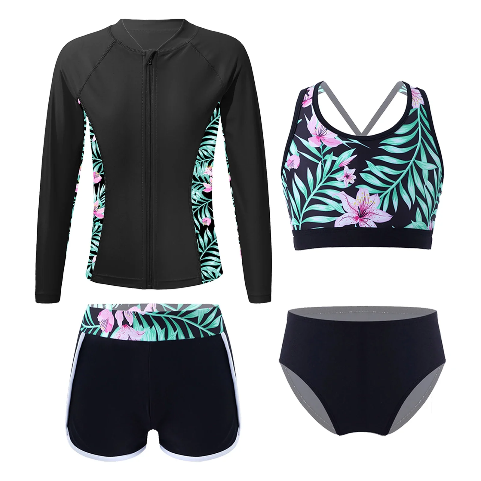 

Kids Girls 4 Pcs Upf 50+ Swim Cover Up Sets Long Sleeve Zip Up Rashguard Shirts Tankini Bra Brief with Shorts Athletic Swimsuit