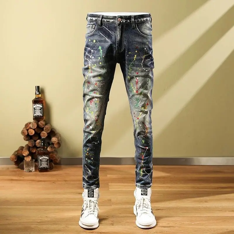 European and American high quality jeans men's personality splash ink autumn stretch leggings retro nostalgic pants