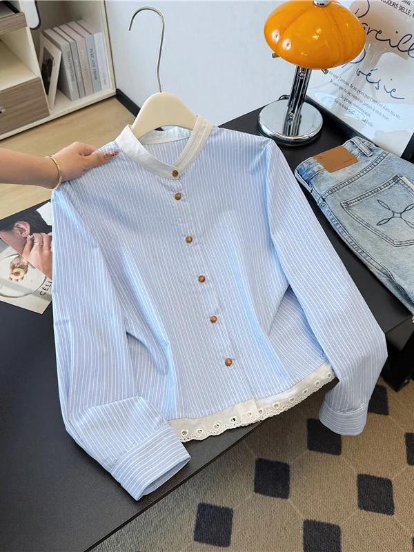 

Blue Striped Long Sve Loose Women's irt Slimming French Sle Spring Autumn Winter Faionable Top for Petite Ladies