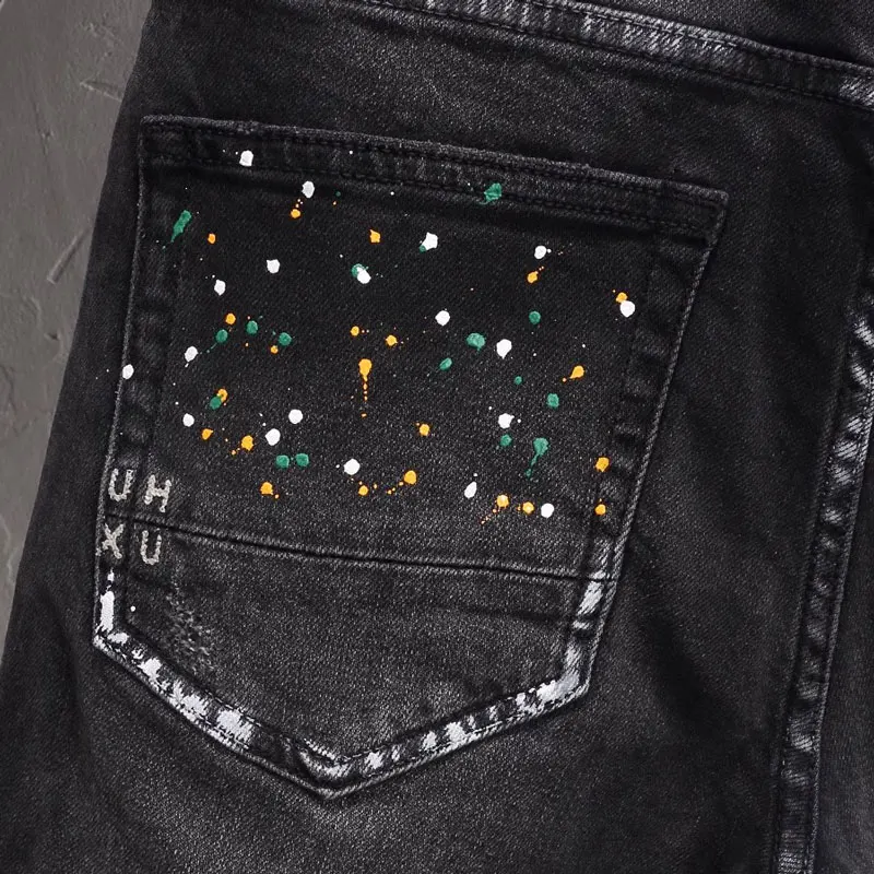 High Street Designer Fashion Men Jeans Retro Black Gray Stretch Slim Fit Painted Ripped Jeans Men Hip Hop Vintage Denim Pants