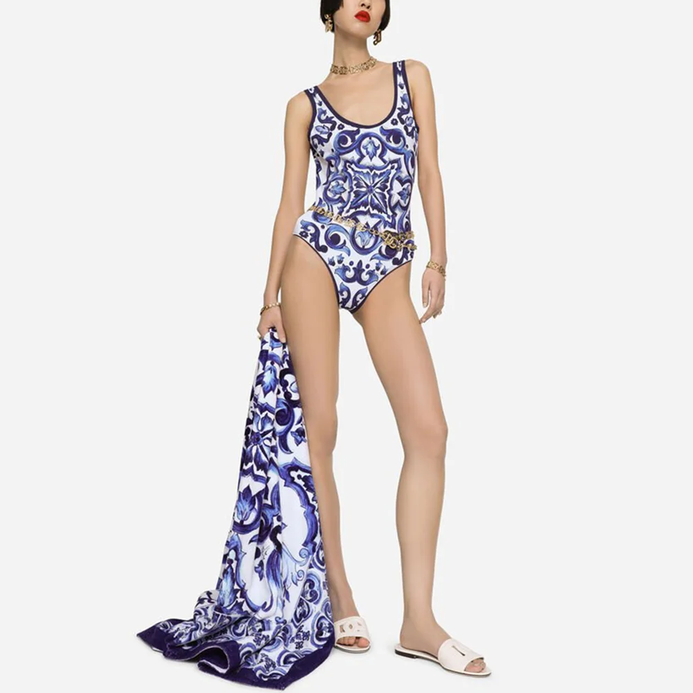 Women One Piece Swimsuit & Skirt Blue Holiday Beachwear Vintage Swimwear Female Retro Designer Bathing Suit Surf Wear Summer