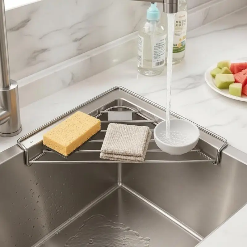 Corner Sink Drain Rack 201 Stainless Steel Rustproof Triangle Kitchen Storage Organizer for Vegetable Fruit Drainage