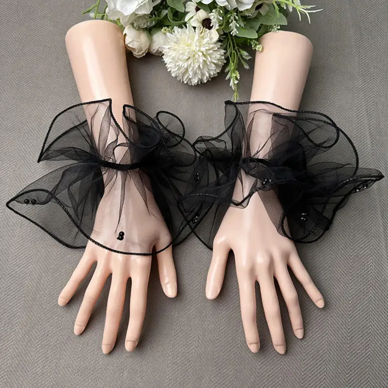 1Pair Detachable Cuffs Pearl Lace Mesh Fake Flared Sleeves Women Wedding Party Pleated False Cuffs Wristband Wrist Warmers