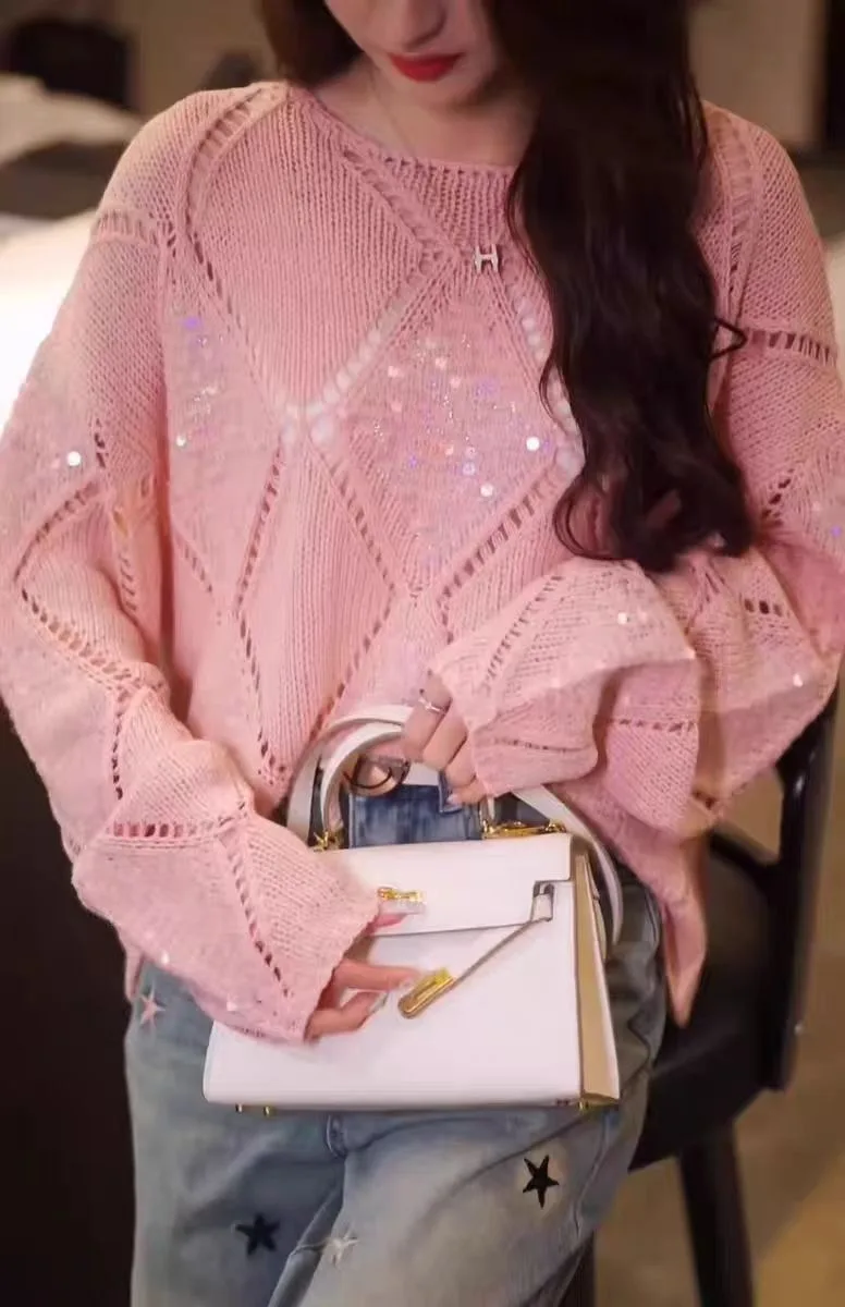 Pull Boho Chic à manches longues et col rond pour femme, coupe ample, au Crochet, polyvalent, paillettes brodées, haut en tricot pour l'automne et l'hiver