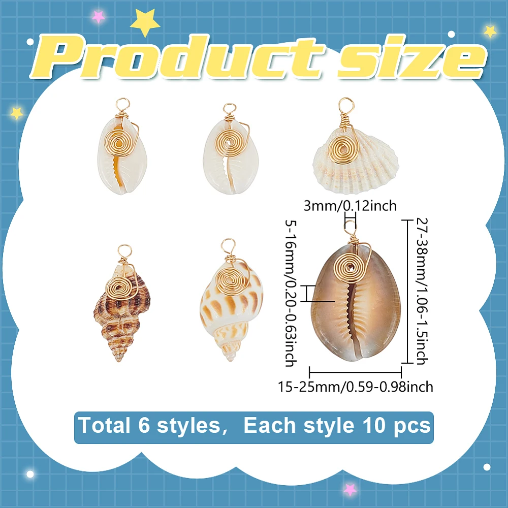 60Pcs 6 Style Shell Pendant Spiral Cowire Seashells Charm Golden Shell Charms with Metal Copper Wire Loops Summer Ocean Pendant