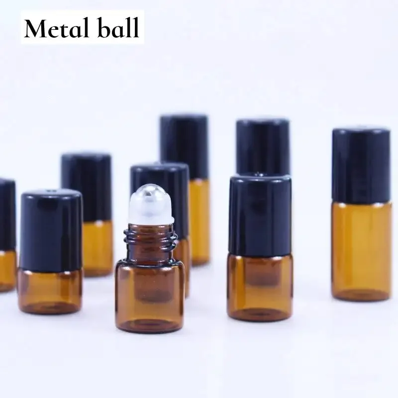 50PCS 1/2/3/5ML Metal Roller Ball Essential Glass Oil Bottle Empty Perfume Roll on Ball Refillable Liquid Container Amber