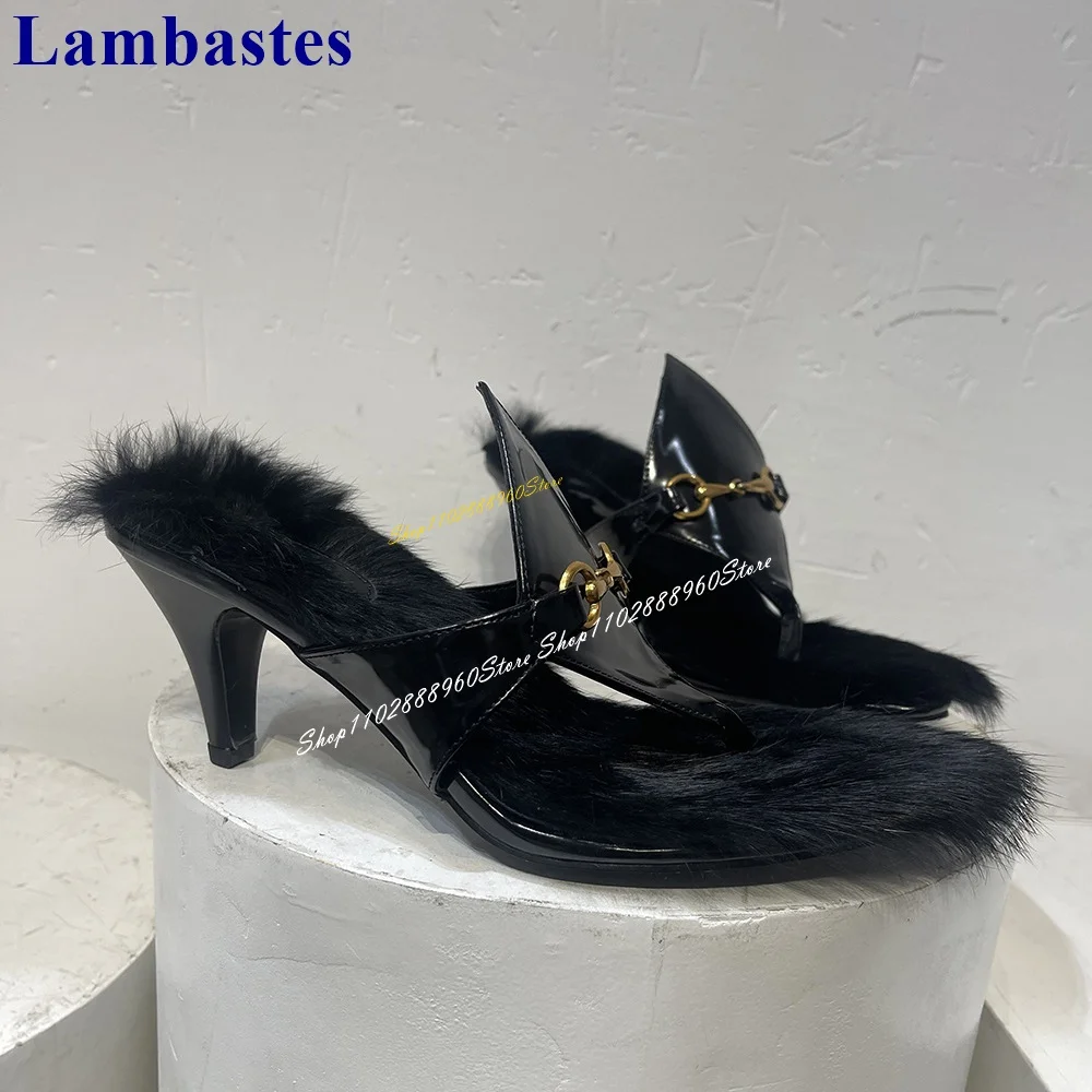 Runway Mixed Color Furry Metal Buckle Decor Flip Flops High Heel Women Shoes Slip On Open Toe 2024 Fashion Zapatos Para Mujere