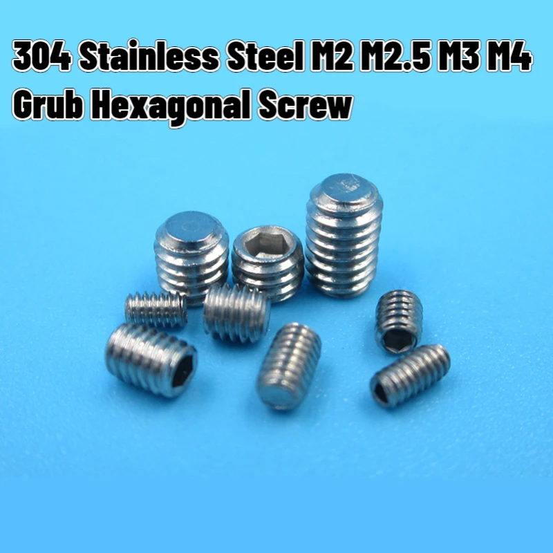 10pcs 304 Stainless Steel M2 M2.5 M3 M4 Grub Hexagon Screws Flat Point Headless Fastening Top Set Screw Model DIY Accessories