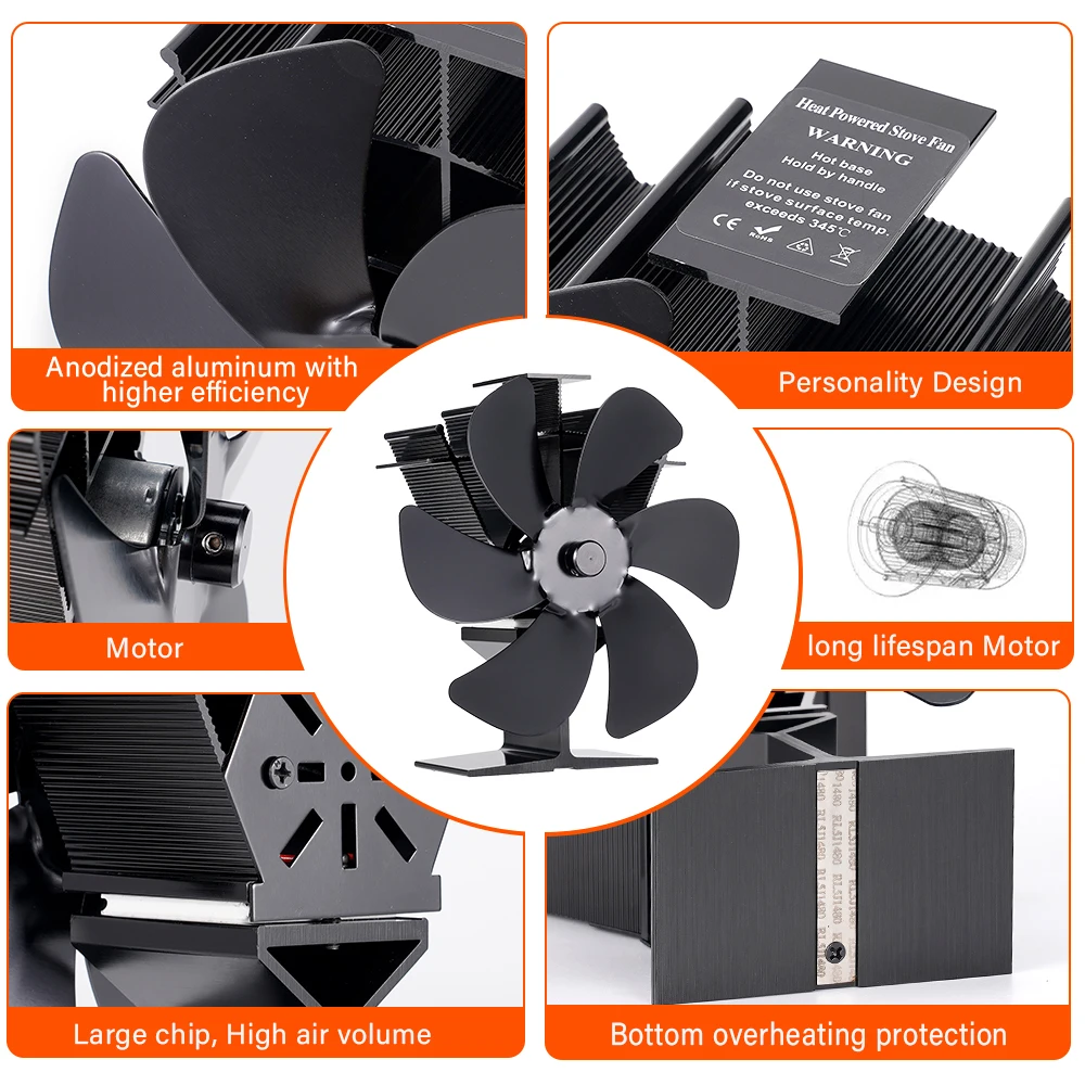 6 Blades Stove Fan Heat Powered  Eco Quiet Black Log Wood Burner Fireplace Fan Winter Warmer Home Efficient Heat Distribution