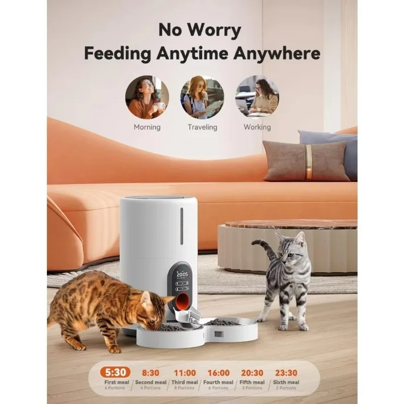 

Dual Power Supply Auto Pet Feeder for Cats and Dogs ,Timed Cat Feeder with Stainless Steel Bowl, Programmable 1-6 Meals Control