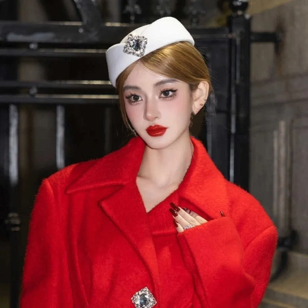 

Elegant Rhinestone Topper Hat British Style Black Wool Beret Hat Flat-top Large Size Flight Attendant Hat Formal Events