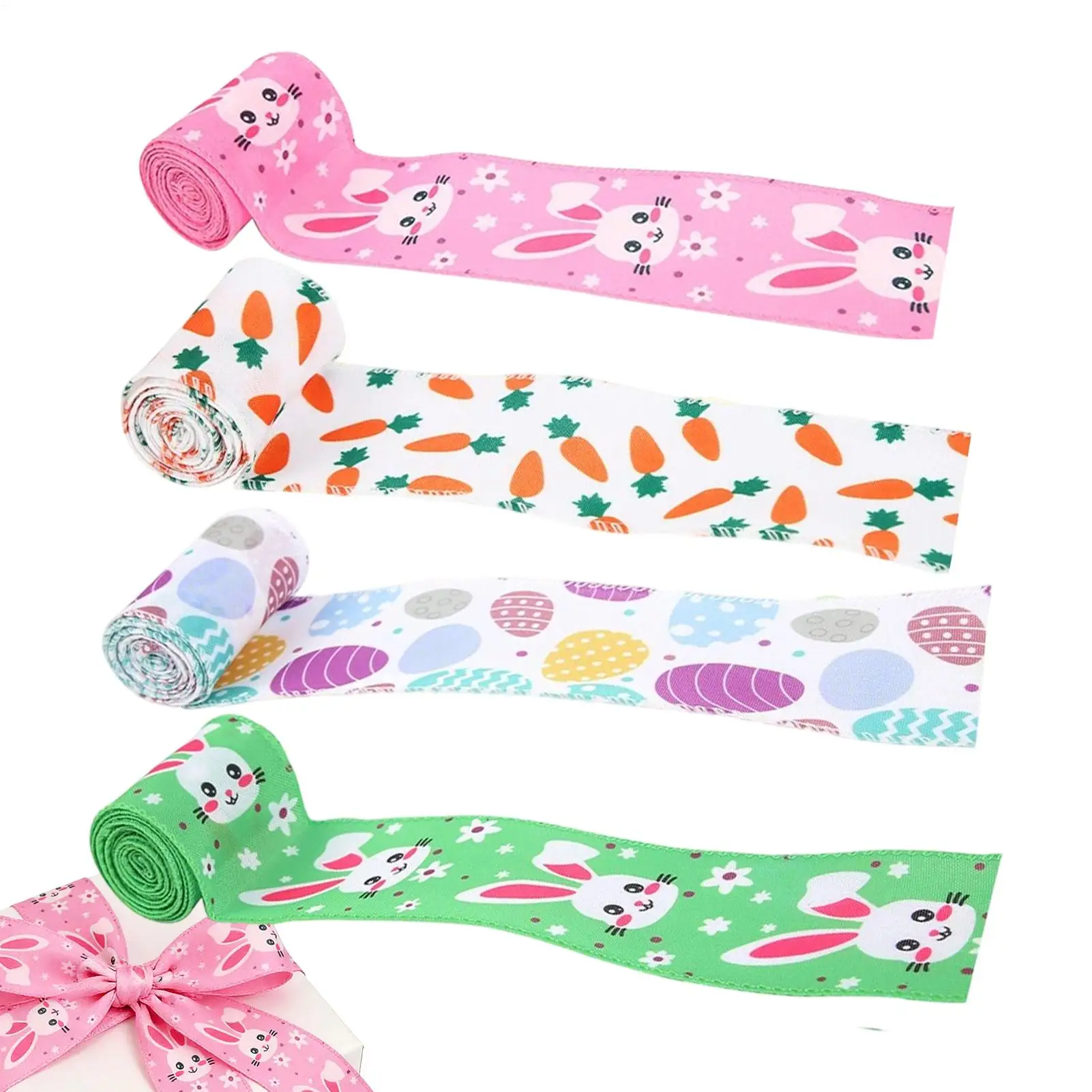 4pcs Easter Wrapping Ribbons Rabbit Easter Egg Printed Fabric Craft Ribbons for Gift Packaging Wreath Bow Crafts Party Decor