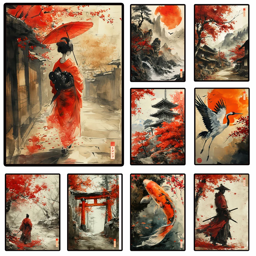 Póster con impresión Ukiyo de tinta al estilo japonés, imagen artística de pared de santuario, Koi, samurái y sirvienta, pintura en lienzo de cultura del sudeste asiático, decoración del hogar