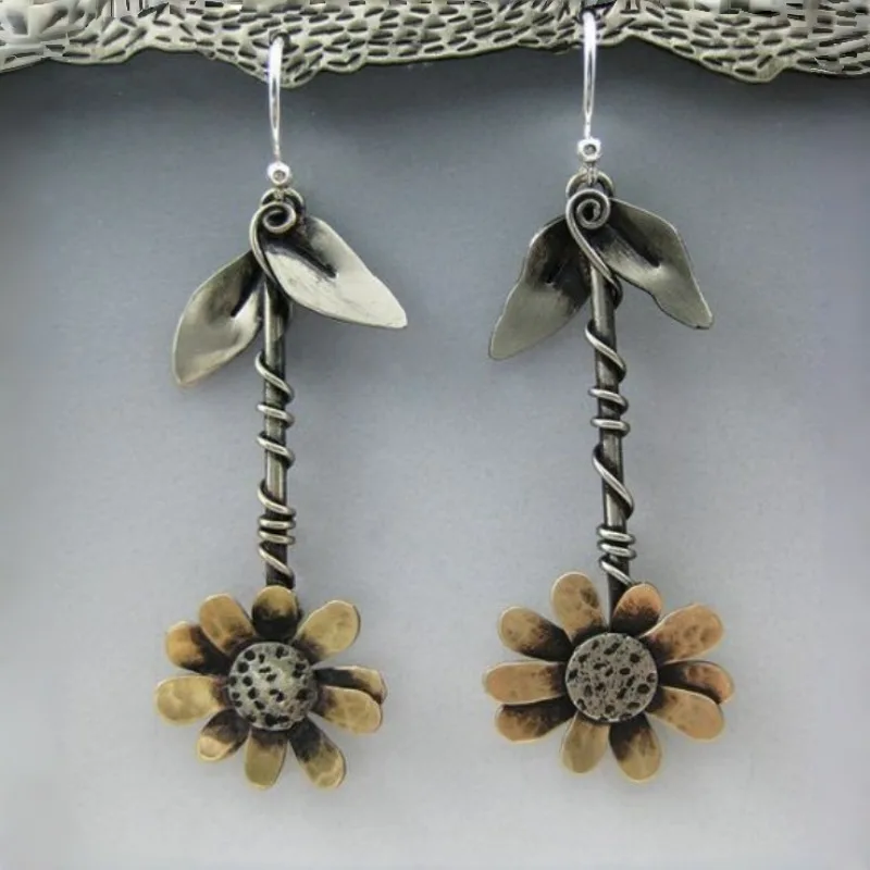 Bohemian Ethnic Retro Silvery Color Plants Sunflower Pendant Earrings For Women Holiday Party Earrings Accessories Charm Jewelry