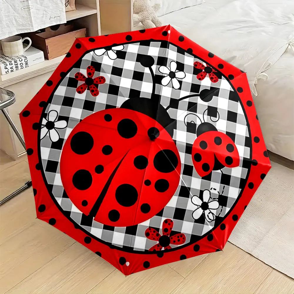1PC Ladybug Patterned Umbrella with Gingham and Flower Design Print 8 Iron Ribs Folding Umbrella Auto-Open Fashion Sunshade