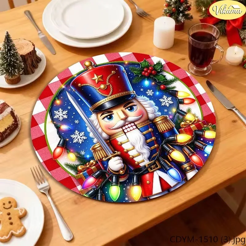 VIKAMA Washable Round Christmas Placemat, Red White Gingham Pine Wreath Gold Bell Bow Christmas Light Snowflake
