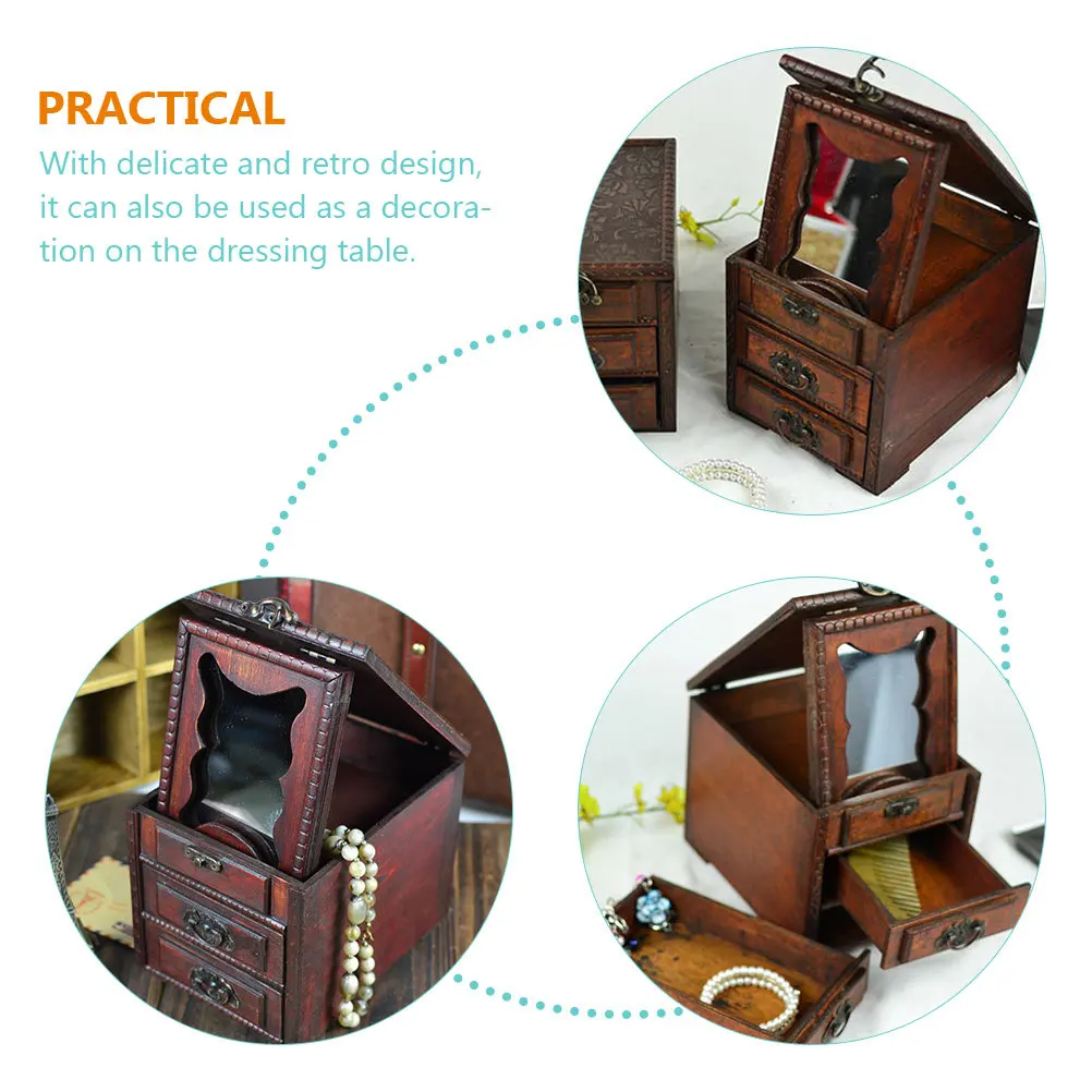 

Wood Jewelry Storage Case Retro Style Dressing Table Organizer Box with Mirror Vintage Jewelry Holder Gift for Birthday