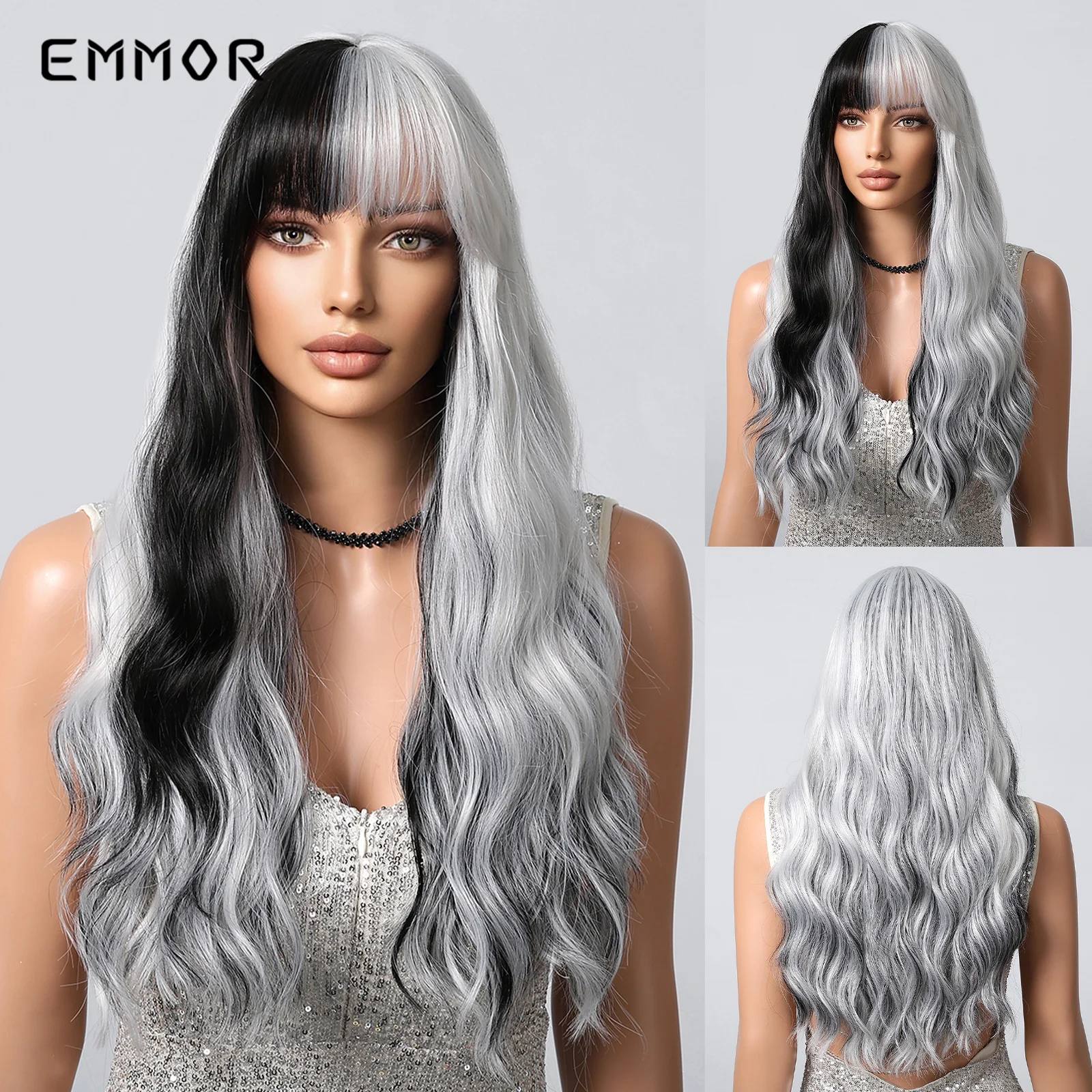 

Emmor Long Synthetic Wavy Wigs with Bangs White Highlights Black Wigs for Women Cosplay Natural Hair Wig High Temperature Fiber