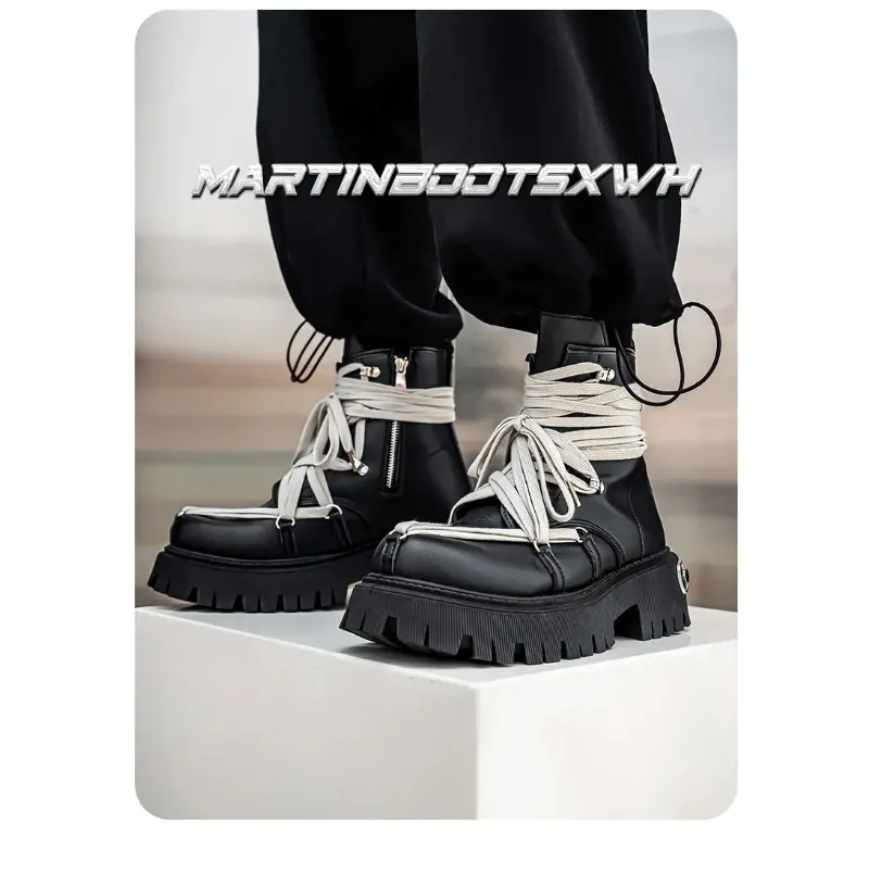 Męskie botki na platformie, modne, z personalizowanym paskiem, markowe buty wysokiej jakości, motocyklowe, codzienne, outdoorowe, zapinane na zamek.