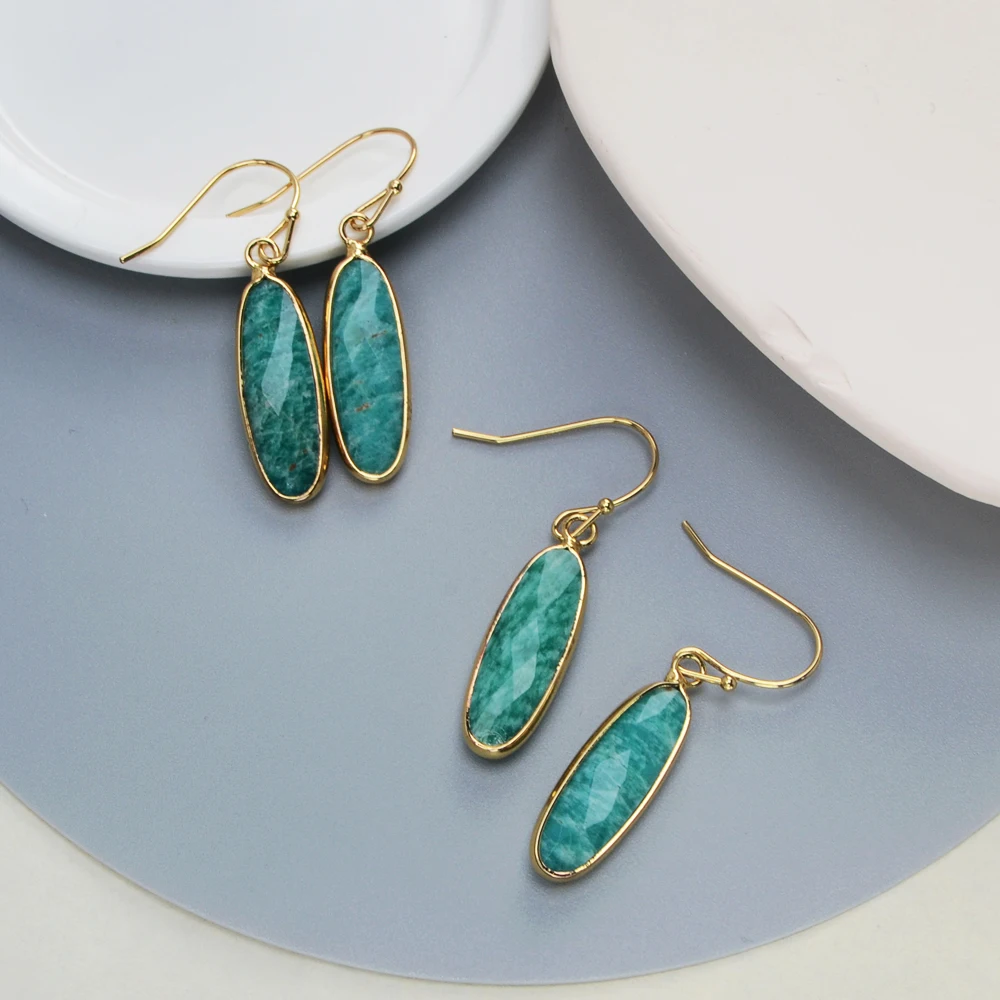 BOROSA Unique Long Teardrop Golden Plated Amazonite Faceted Dangle Earrings Natural Green Stone Drop Earring Jewelry Accessories