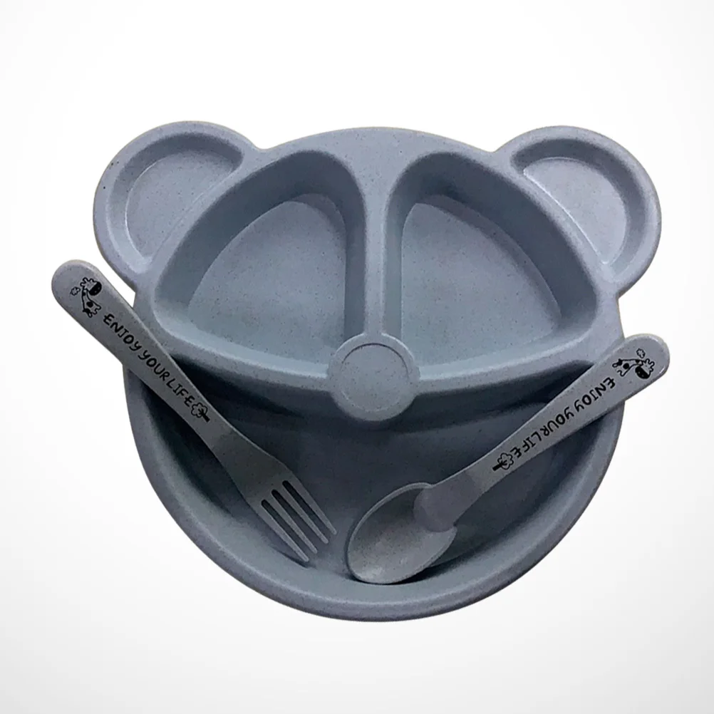 

3pcs /Set Plate With Dividers Bear Shape Wheat Straw Food Grade Dining Tray Tableware Spoon Fork Included Blue Easy