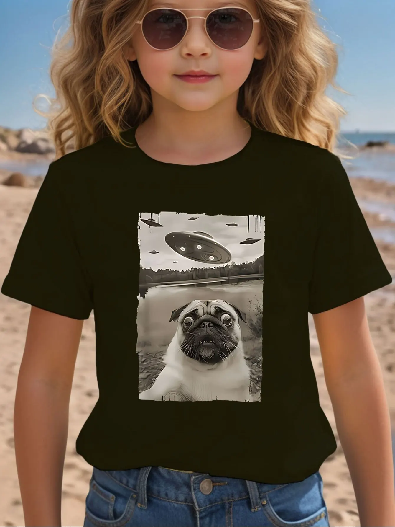 Vintage Pug Dog And UFO Spaceship Graphic Kids T Shirt Boys Girls Family Matching Parent Child Summer Crew Neck Casual Tee