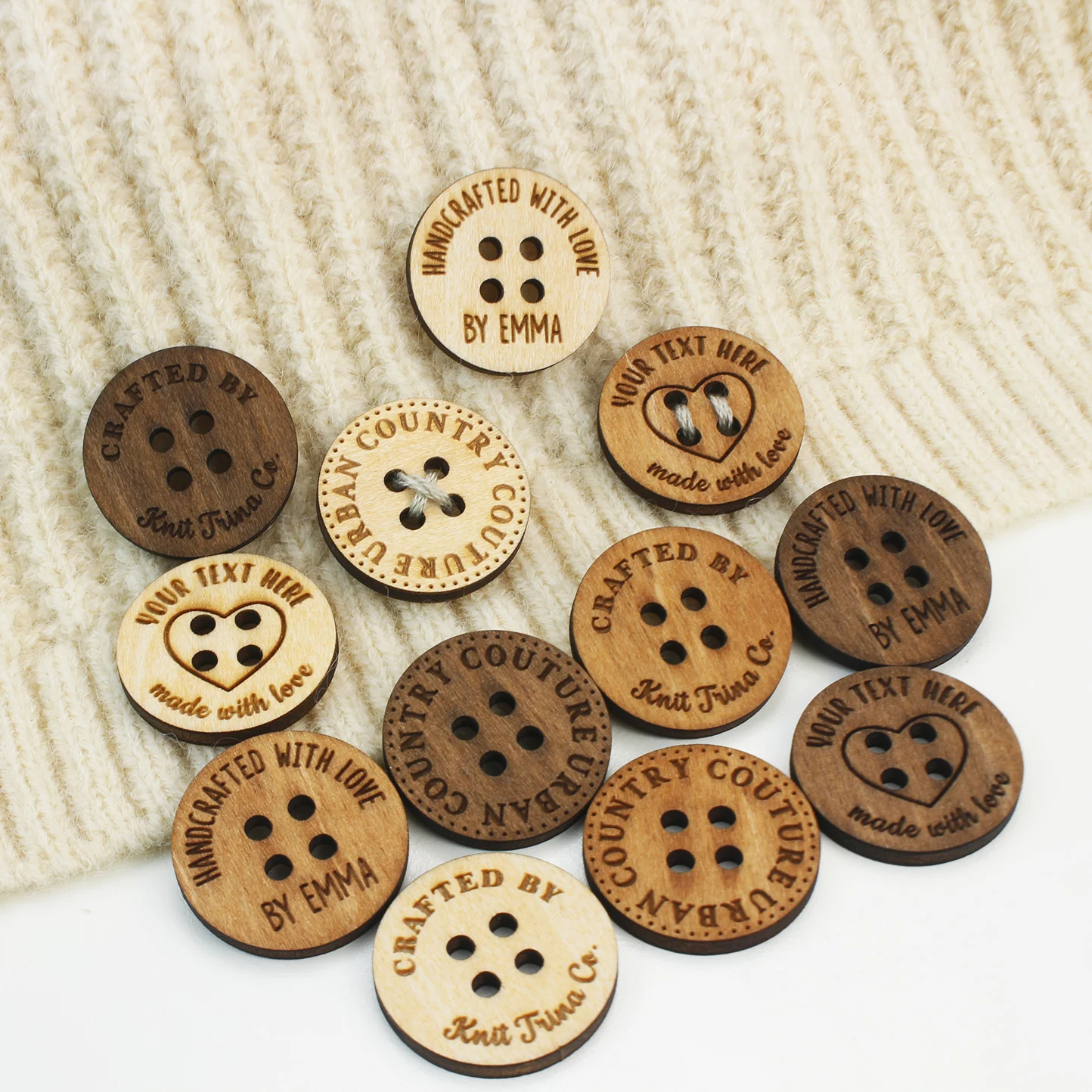 Personalized or Custom Wood Labels, Wooden Button Tags, Gift Labels, Laser Engraved, Knitted and Crocheted, 25x25mm