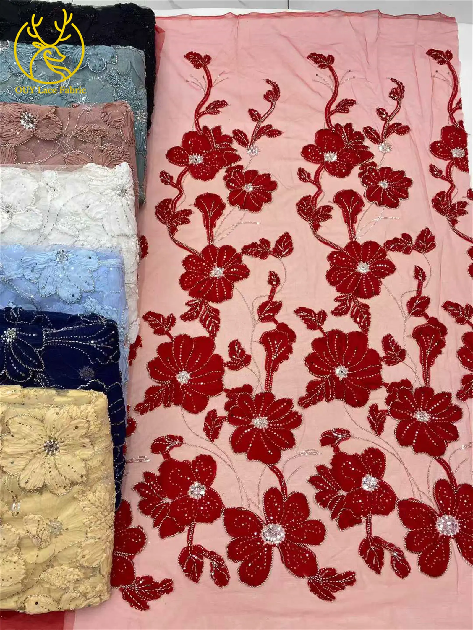 Africano Nigeriano Paillettes In Rilievo Tulle Tessuto di Pizzo 2025 di Alta Qualità Francese 3D Fiore Ricamo Per Abiti Da Ballo di Lusso 5 Metri