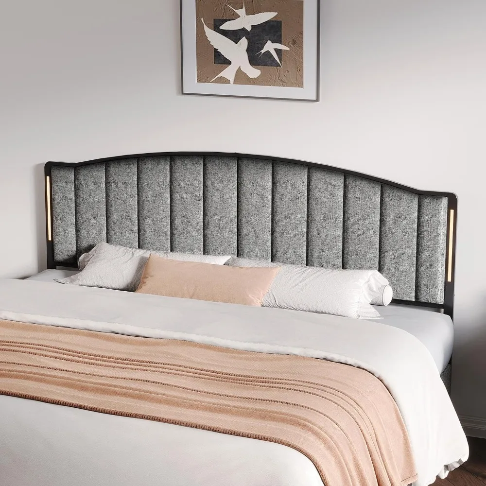 Headboard for King Size Bed with LED Lights, Upholstered Vertical Channel Tufting Head Boards, Linen Fabric Bed Headboard Only,