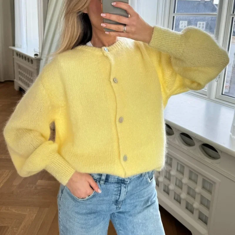 Women Comfy Solid Color Cardigans Spring Autumn Button-Down Knitwear Jacket Coat Preppy Y2K Vintage Knitted Sweater