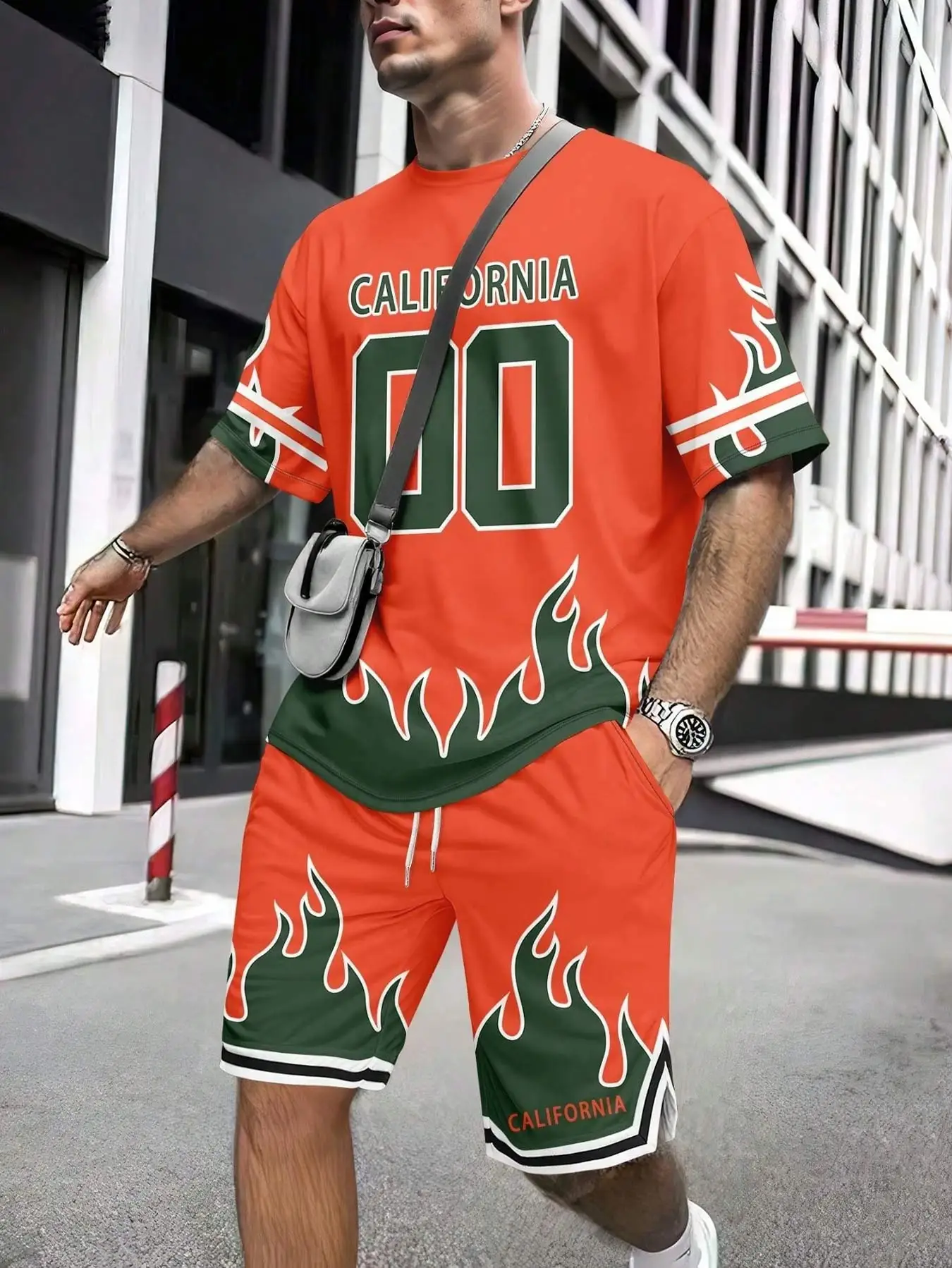 

Men's Digital Letter Flame Print Sports Drawstring Shorts Color Block Short Sleeve Casual Sweat Wicking Outfit Set