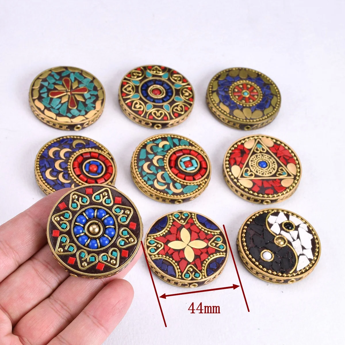 Nepalese Buddhist Handmade Flat Round 44mm Tibetan Brass Metal & Clay Loose Craft Beads for Jewelry Making DIY Necklace