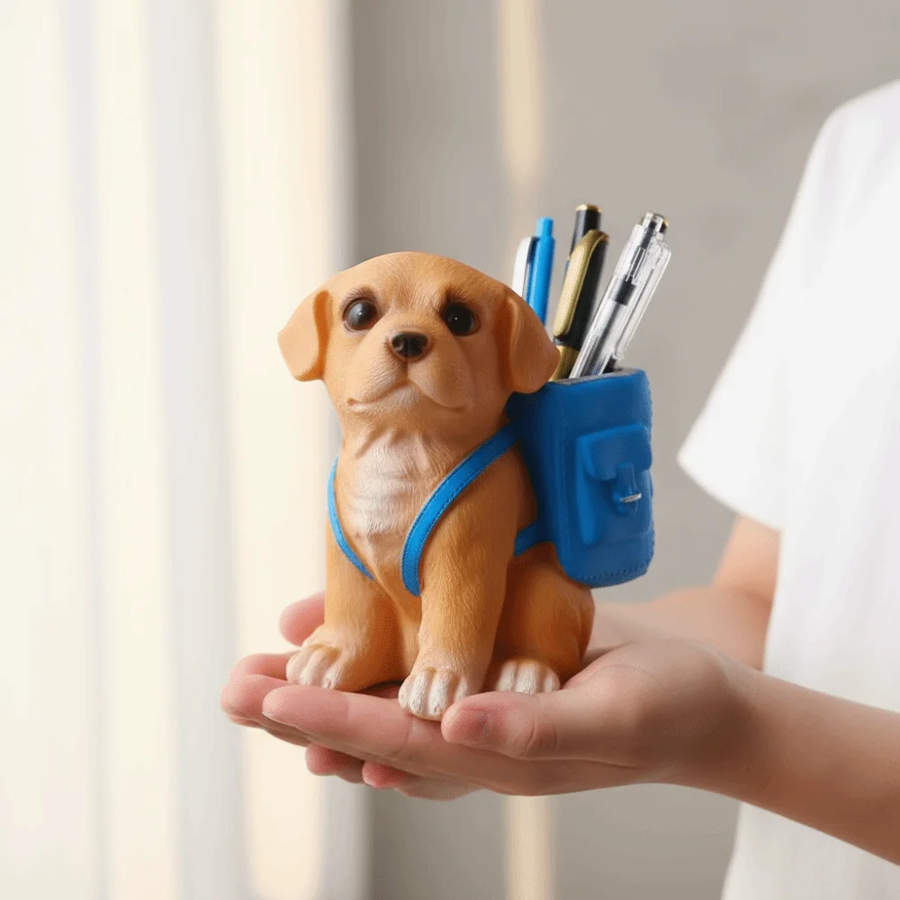 Creative Puppy Backpack Pen Holder Waterproof Resin Dog-Shaped Pencil Cup Cartoon Large Capacity Makeup Brush Holder Students