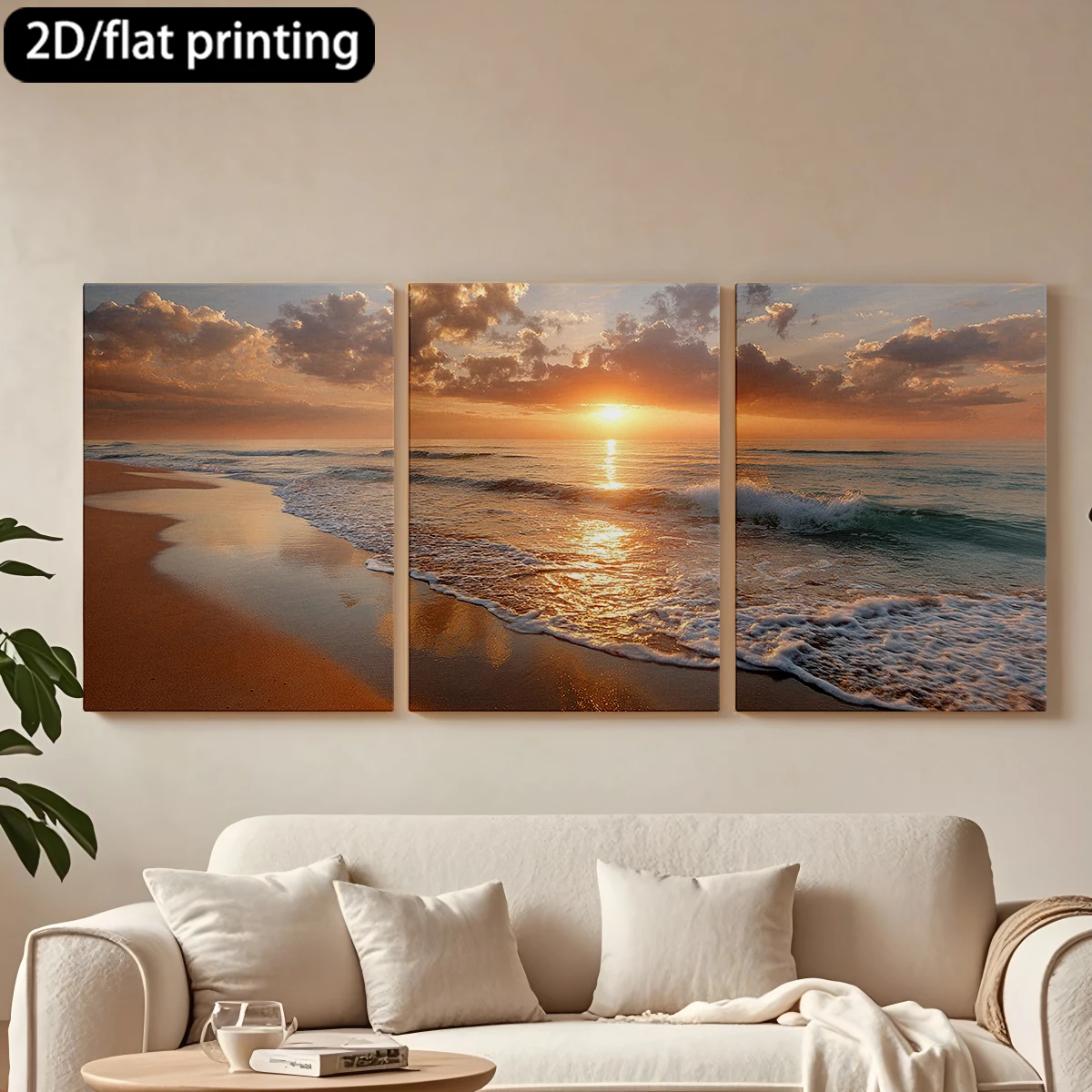 

2D плоская печать, 3-х частная декоративная картина на холсте в деревянной раме. Закат над океаном, спокойные волны. Декор для коридора и спальни.