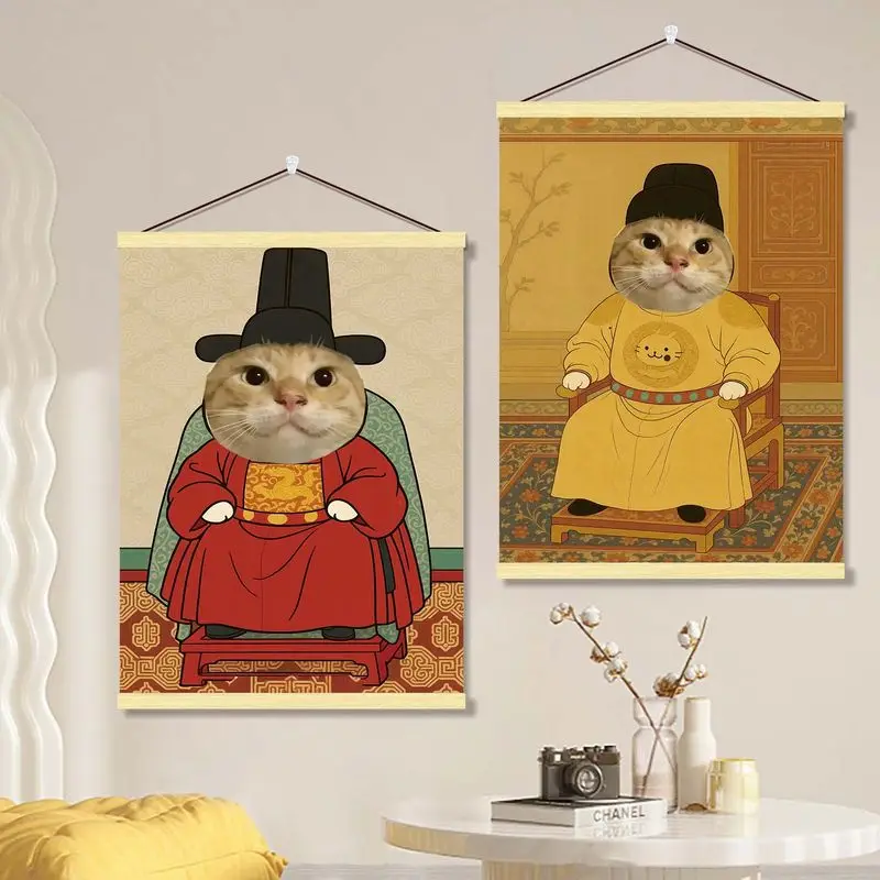 VIKAMA Funny Ancient Royal Cat Wooden Hanger Tapestry Cute Chinese Retro Cartoon Wall Hanging Bedroom Home Wall Decoration