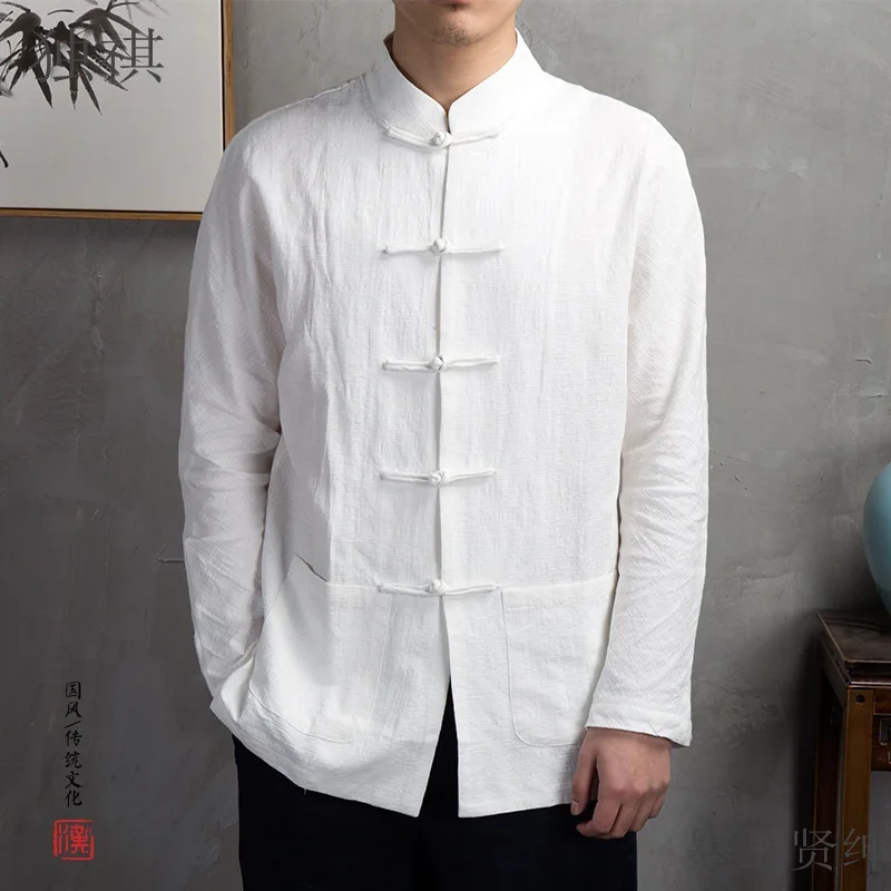 Spring and Summer Chinese Style Buckle Linen Shirt Men's Loose Long-sleeved Cotton and Linen Top Chinese Retro Style Shirt