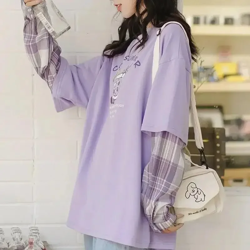 Japanese Plaid Woman Tops Fake Two-piece O-neck Long-sleeved T-shirt Female Ins Thin Student Loose Purple Tees