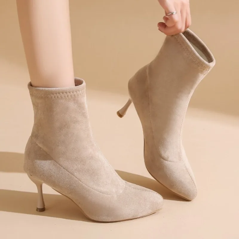 

Mid Heels Pointed Toe Women Short Boots 2025 Fashion Suede Shoes Dress Pumps Designer Chelsea Ankle Boots Party Zapatillas Mujer