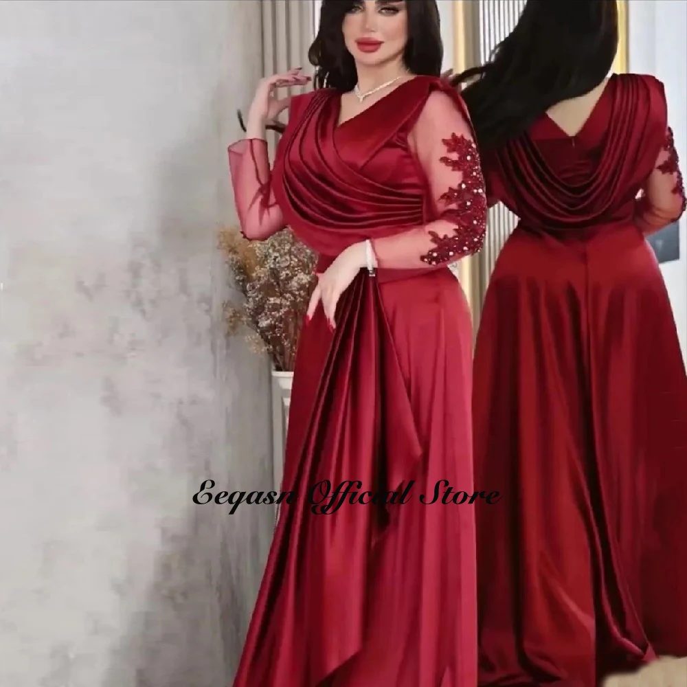 Customized Evening Dresses Stretch Satin Long Sleeve V Neck Prom Gowns Arabic Women Formal Party Occasion فساتين سهرة فخمه