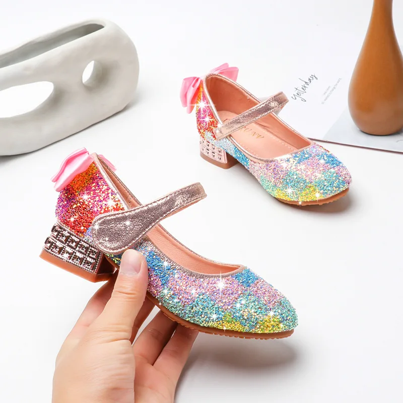 Zapatos de baile para niñas zapatos de princesa para niños lentejuelas pequeña niña tacones de cristal salvaje estudiante