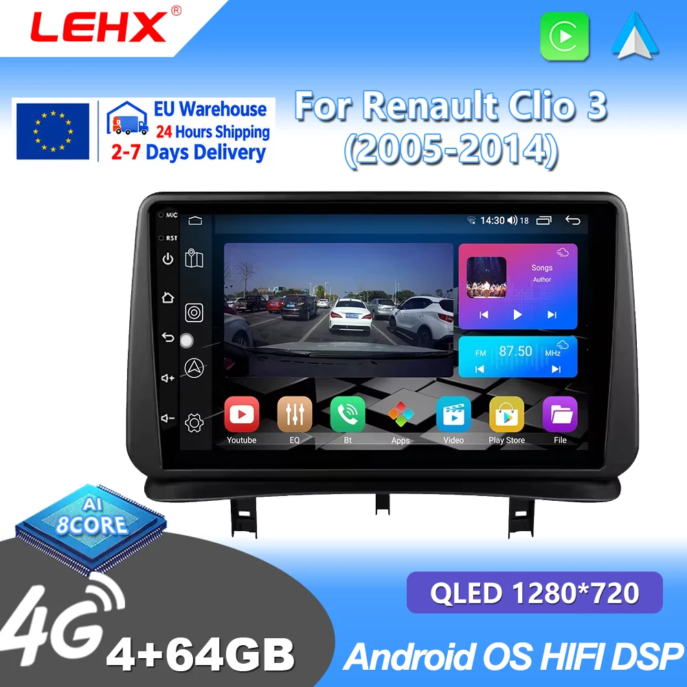 LEHX Autoradio 8Core 4G Wireless CarPlay Android Auto per Renault Clio 3 2005-2014, Stereo 2 Din con Navigazione GPS, Lettore DVD, Schermo Display, Sistemi Intelligenti per Auto, Unità Principale